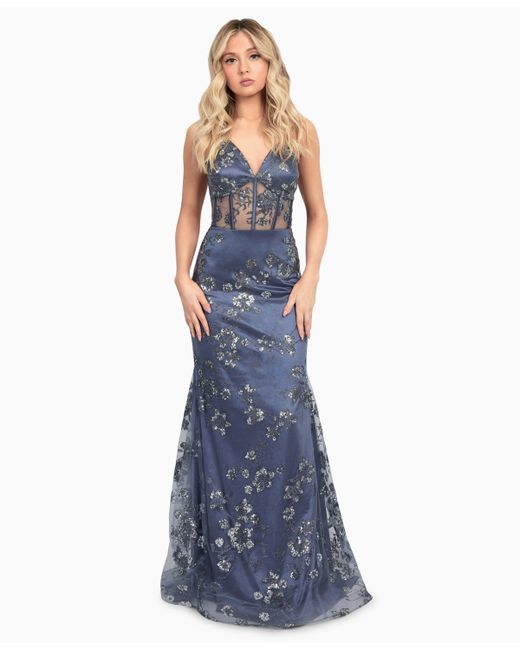 Dear Moon Juniors Sequined Illusion Lace-Up-Back Corset Gown