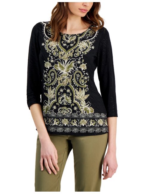 Jm Collection Petite Blooming Border Jacquard 3/4-Sleeve Top Created for