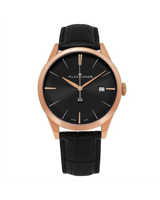 Stuhrling Alexander Watch Stainless Steel Rose Gold Tone Case on Embossed Genuine Leather Strap