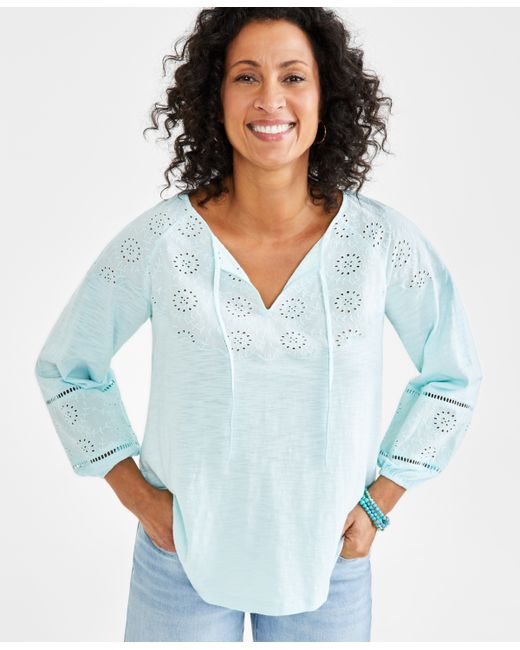 Style & Co Eyelet-Trim Tie-Neck Peasant Top Created for