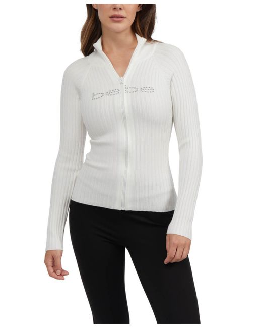 Bebe Ribbed Zip Front Sweater with Fold Over Collar