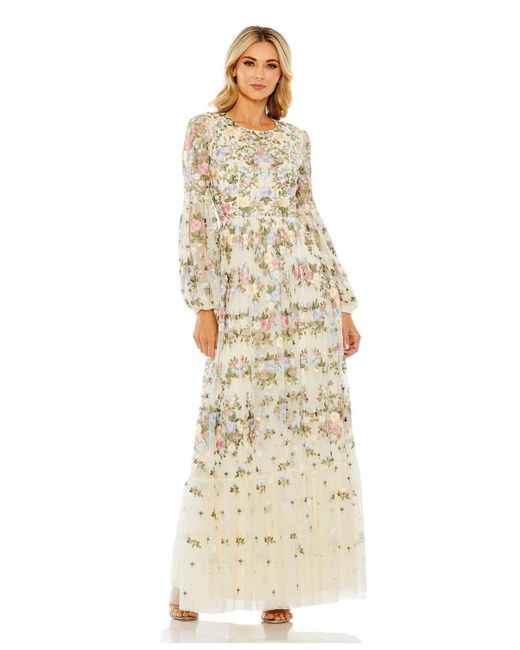 Mac Duggal High Neck Floral Embroidered Puff Sleeve Gown