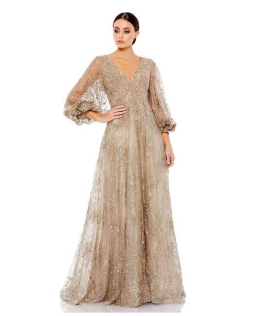 Mac Duggal Embellished Plunge Neck Puff Sleeve A Line Gown