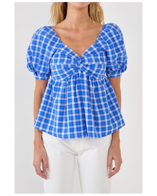 English Factory Gingham Twisted Puff Sleeve Top