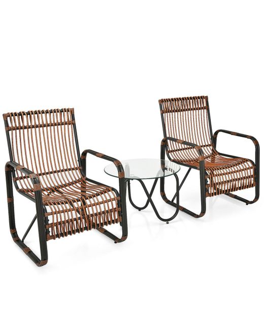 Sugift 3 Pieces Patio Rattan Furniture Set with 2 Single Wicker Chairs and Glass Side Table
