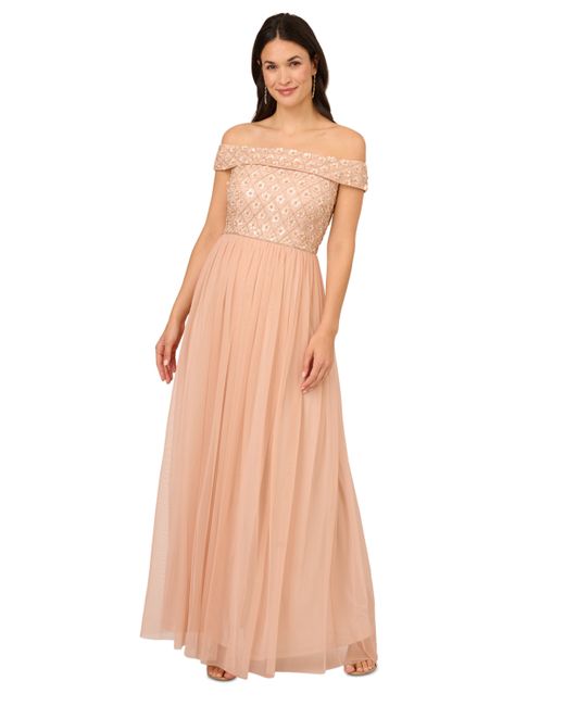 Adrianna Papell Beaded Off-The-Shoulder Gown