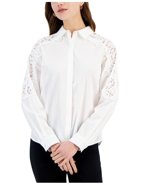 T Tahari Lace Sleeve Button-Down Top