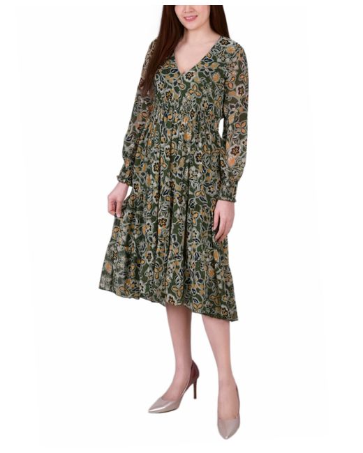 Ny Collection Long Sleeve Clip Dot Chiffon Dress with Smocked Waist and Cuffs