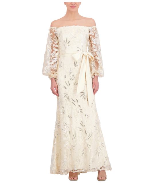 Eliza J Sequin Embroidered Balloon-Sleeve Gown