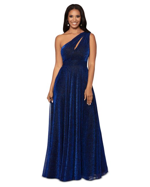 Betsy & Adam Glitter One-Shoulder Cut-Out Gown