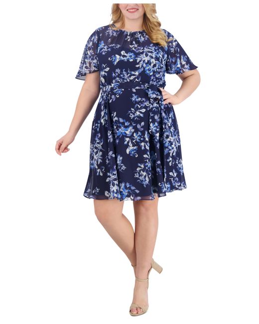 Jessica Howard Plus Printed Flutter-Sleeve Chiffon Dress