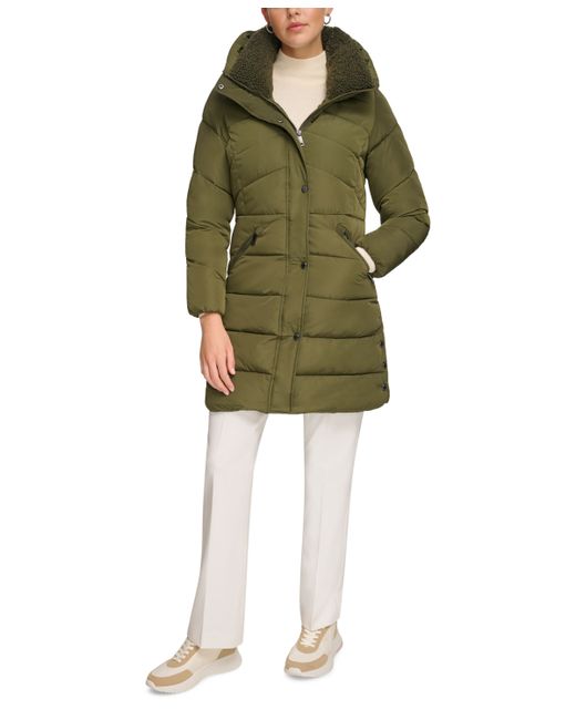 Calvin Klein Petite Faux-Sherpa Collar Hooded Stretch Puffer Coat Created for