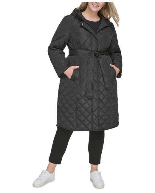 Dkny Plus Hooded Belted Quilted Coat