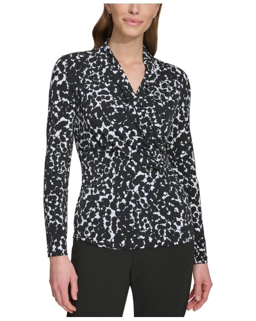 Dkny Petite Printed Ruched-Side Long-Sleeve Top ivy