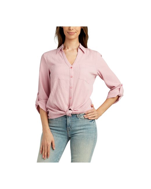 Bcx Juniors Roll-Sleeve Tie-Front Button-Up Blouse