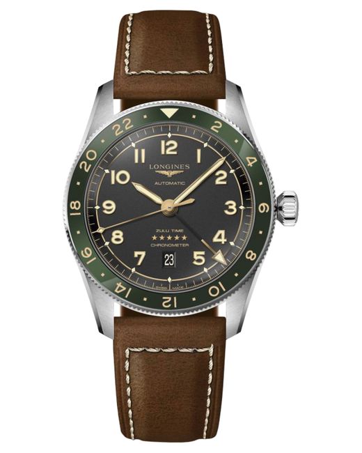 Longines Swiss Automatic Spirit Zulu Time Brown Leather Strap Watch 42mm