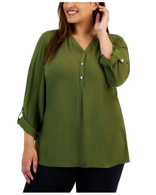 Jm Collection Plus V-Neck Roll-Tab Utility Top Created for