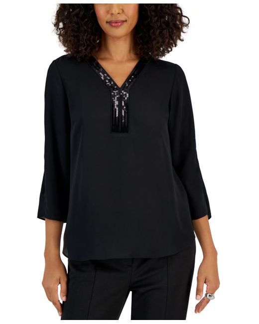 Jm Collection Petite Sequined-Trimmed Y-Neck 3/4-Sleeve Top Created for