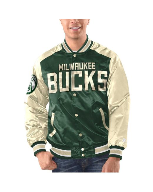 Starter Cream Milwaukee Bucks Renegade Satin Full-Snap Varsity Jacket