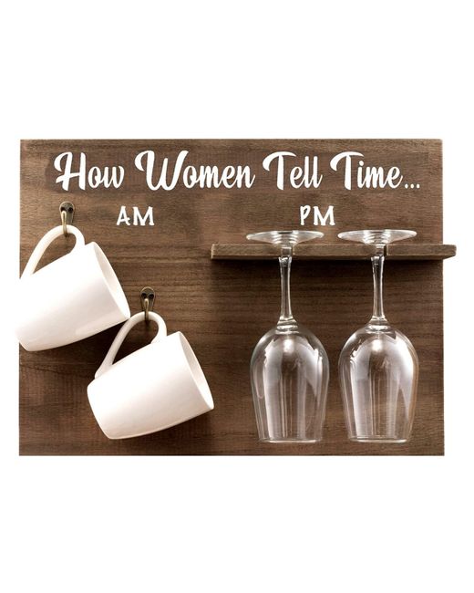 Bezrat How Tell Time Wall Mounted Wine Rack with Glasses and Coffee Mugs Set of 5