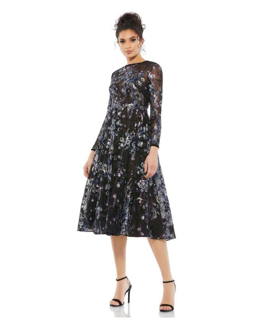 Mac Duggal Embellished Illusion Long Sleeve Midi Dress