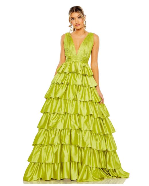 Mac Duggal Ruffle Tiered Pleated Sleeveless V Neck Gown
