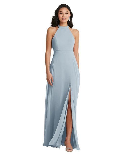 Dessy Collection Stand Collar Halter Maxi Dress with Criss Cross Open-Back