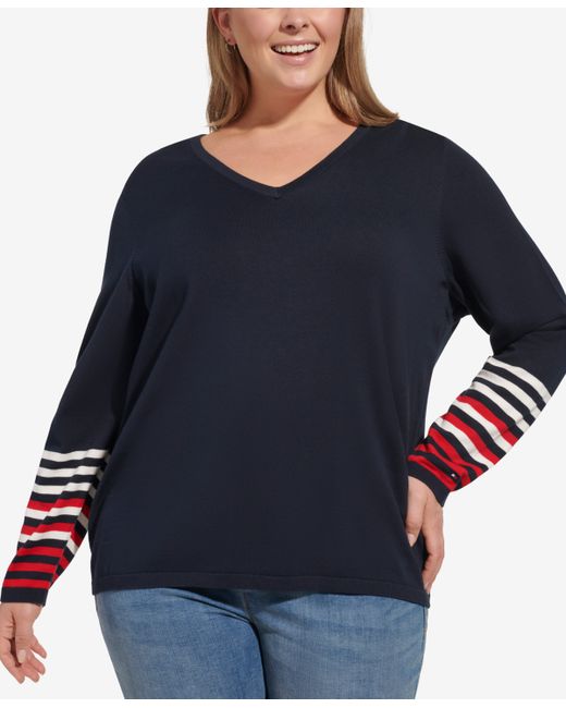 Tommy Hilfiger Plus Striped-Sleeve Sweater