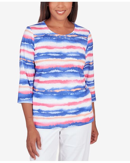 Alfred Dunner Classic Brights Watercolor Stripe Pleated Neck Top