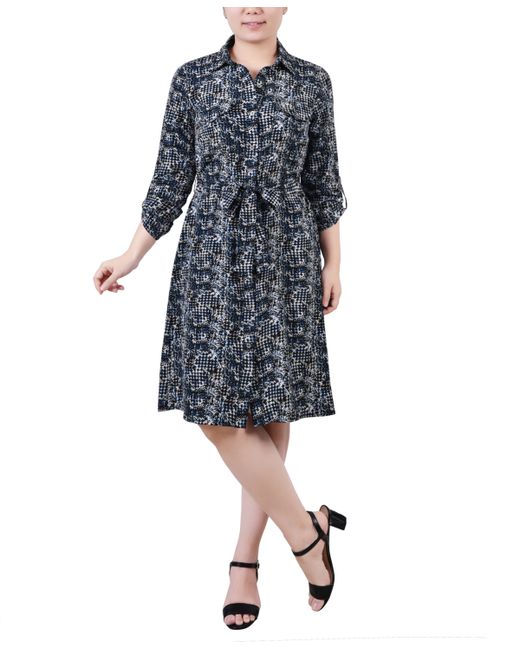 Ny Collection Petite Printed Long Sleeve Roll Tab Shirtdress Navy