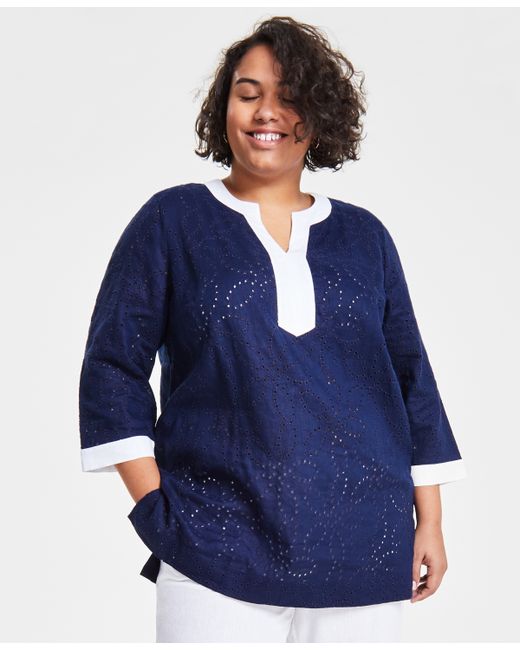 Charter Club Plus 100 Linen Eyelet Tunic Top Created for