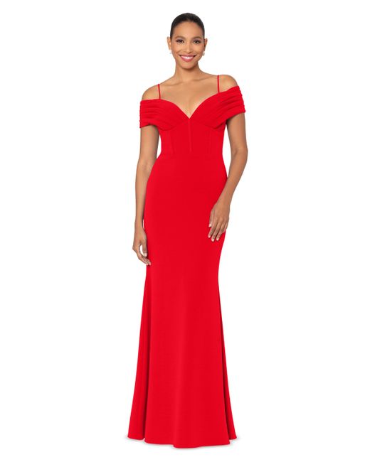 Betsy & Adam Corset Off-The-Shoulder Gown