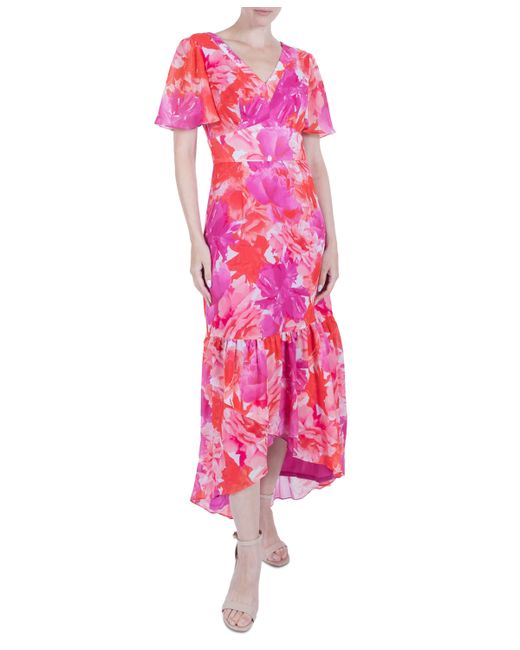 julia jordan Printed Flutter-Sleeve High-Low Maxi Dress