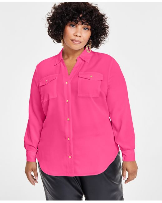 I.N.C. International Concepts Plus Long-Sleeve Button-Front Blouse Created for