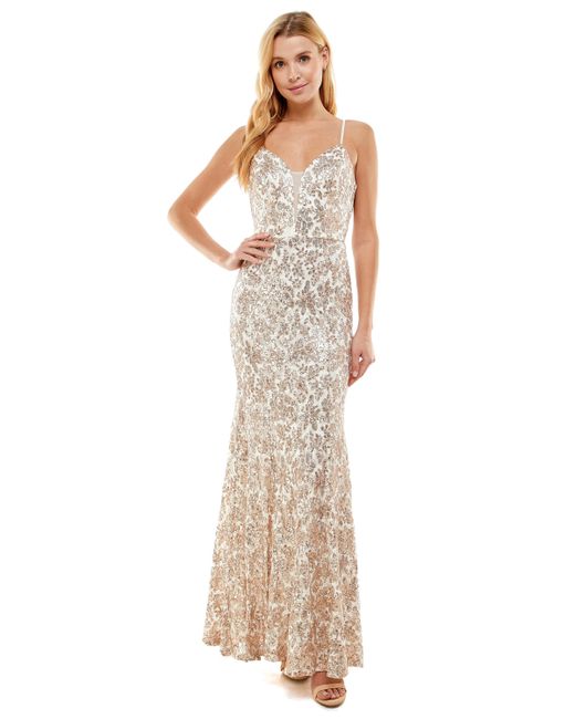 City Studios Juniors Sequined Lace Gown sand