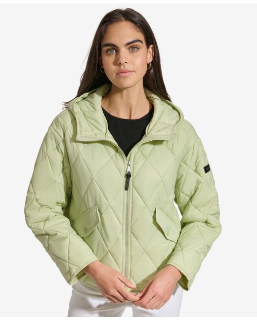Dkny Cropped Hooded Diamond Quilted Coat