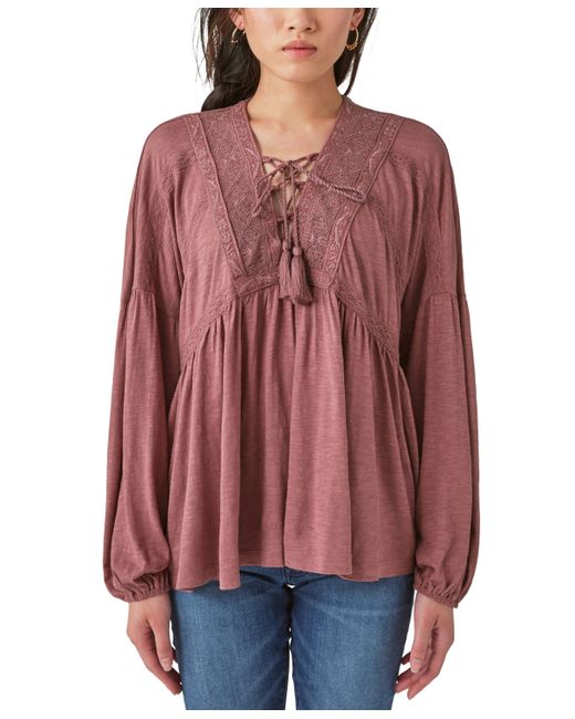 Lucky Brand Tie-Neck Lace-Trim Peasant Top