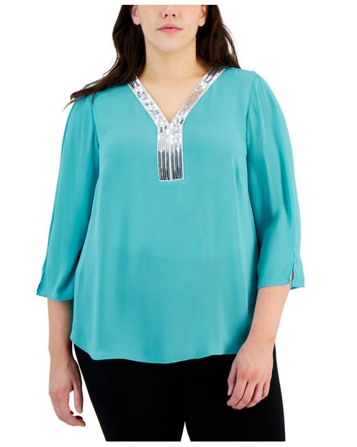 Jm Collection Plus Sequined-Neck 3/4-Sleeve Top Created for