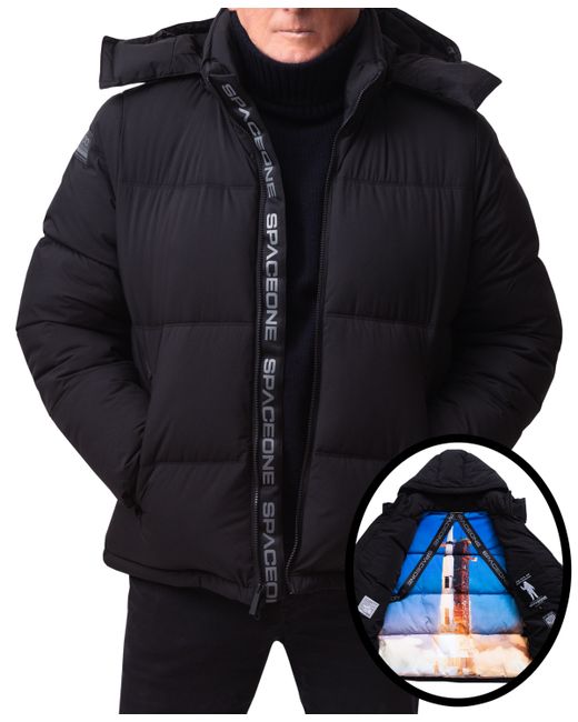 Space One Nasa Inspired Hooded Puffer Jacket with Printed Astronaut Interior