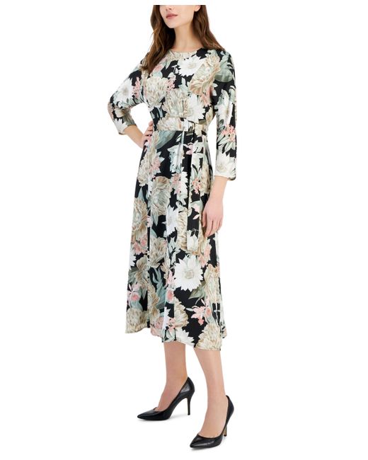 AK Anne Klein Floral-Print Dolman-Sleeve Dress Crema Multi