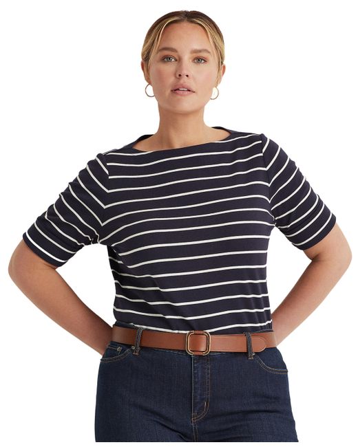 Lauren Ralph Lauren Plus Striped Cotton Boatneck T-Shirt White