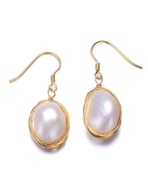 Genevive Sterling Silver 14K Plated with Genuine Freshwater Pearl Dangle Earrings