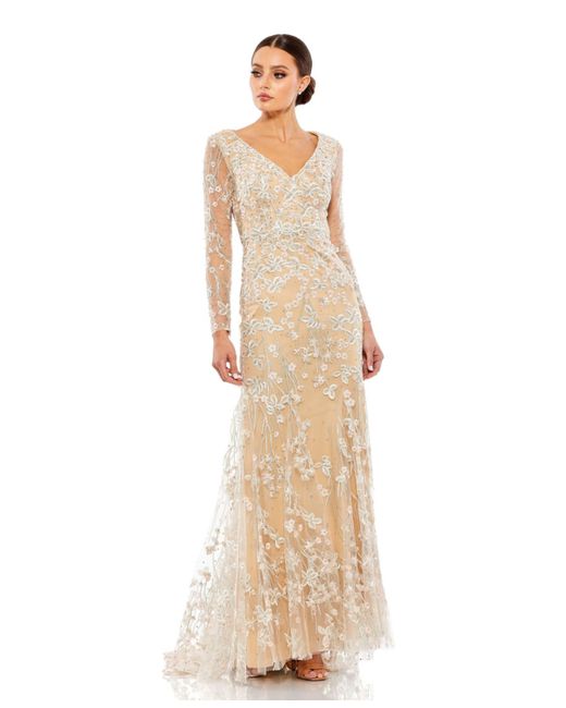 Mac Duggal Embroidered V Neck Long Sleeve Trumpet Gown