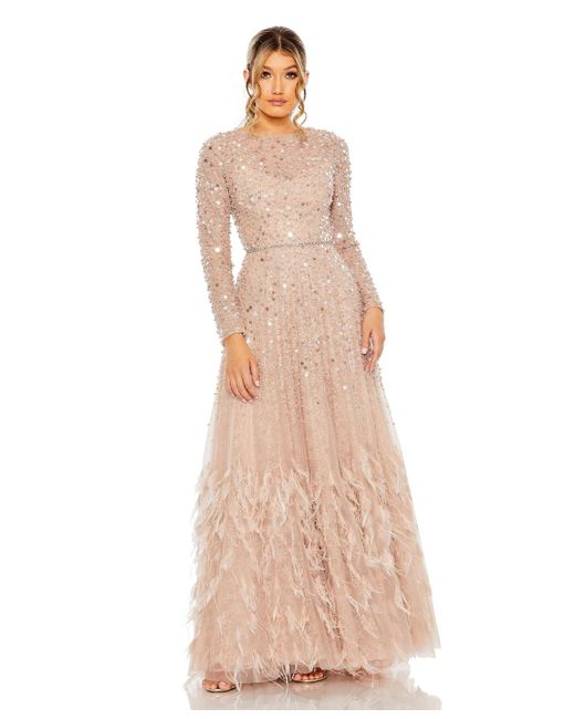 Mac Duggal Disc Embellished Sequin Gown with Feather Detail