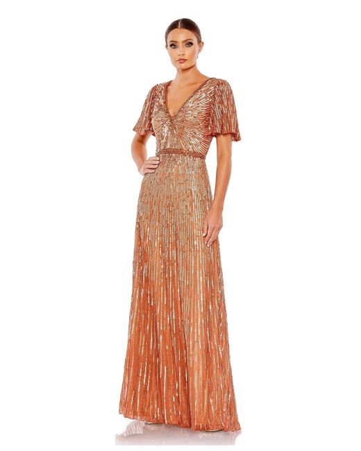 Mac Duggal Embellished V Neck Butterfly Sleeve Column Gown
