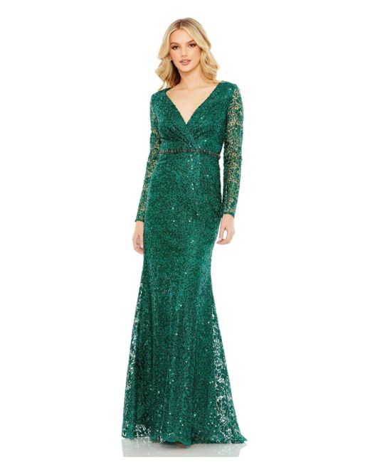 Mac Duggal Embellished Wrap Over Long Sleeve Gown