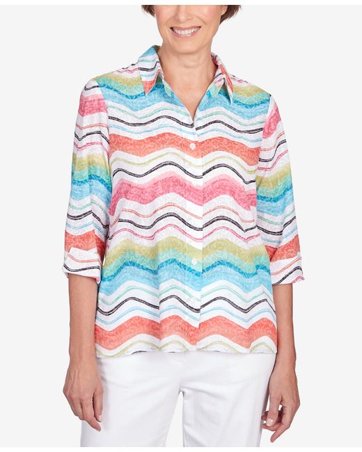 Alfred Dunner Classic Brights Wavy Stripe Button Down Top