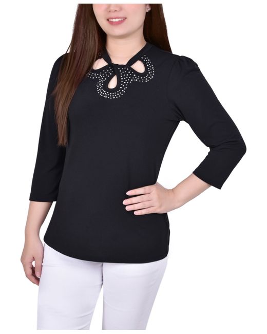 Ny Collection Petite 3/4 Sleeve Knit Crepe Studded Keyhole Top