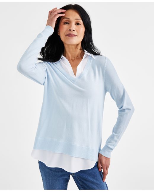 Style & Co Petite Two for One V-Neck Pullover Sweater Created