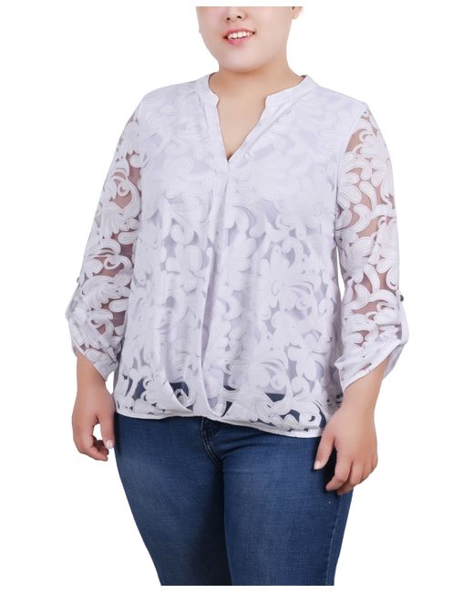 Ny Collection Plus Long Sleeve Burnout Y-Neck Blouse